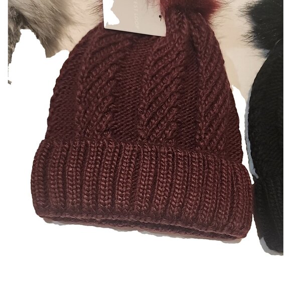 3 pack WEST LOOP fuzzy faux fur Pom pom Hats womens girls cable knit black gray - Picture 5 of 6